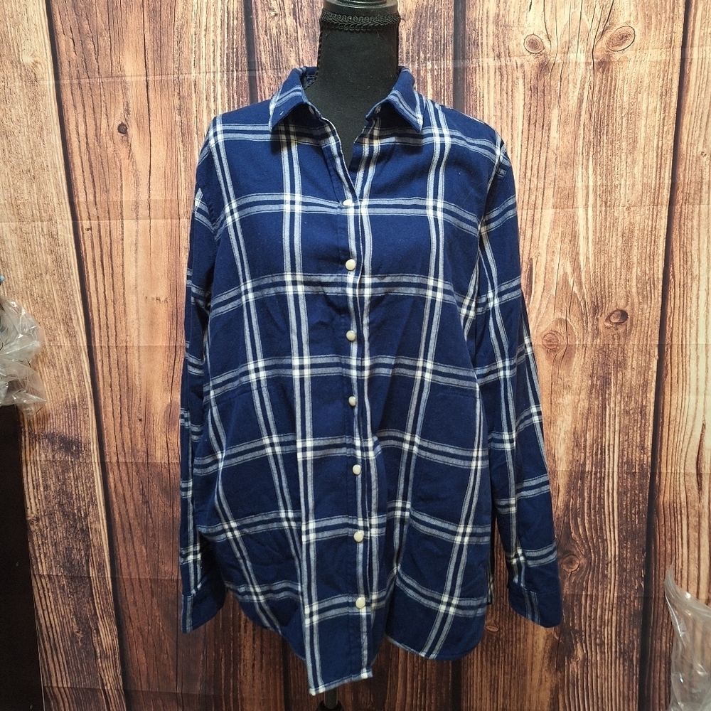 JACHS Girlfriend Navy Plaid Button Down Snap Button Flannel Womens Size Large!